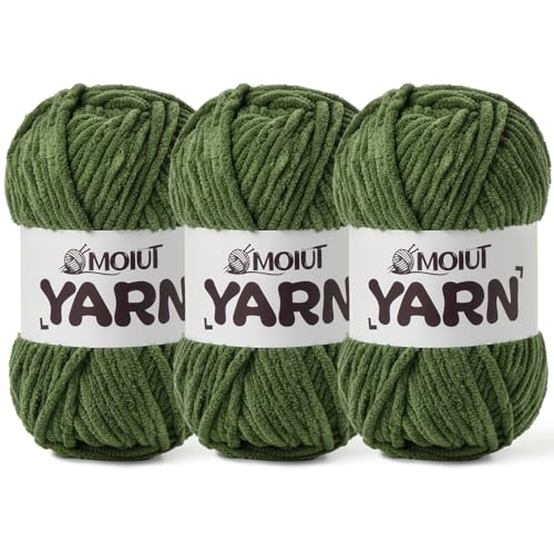 3 Pack Fluffy Chenille Yarn for Crocheting, Chunky Velvet Yarns for Crochet Amigurumi, Baby Yarn for Crocheting Soft Blanket, 262.4yds /10.5 oz Bulky Yarns for Crafts/Hats/Shoes/Socks (3 Army Green) - color: 3 Army Green