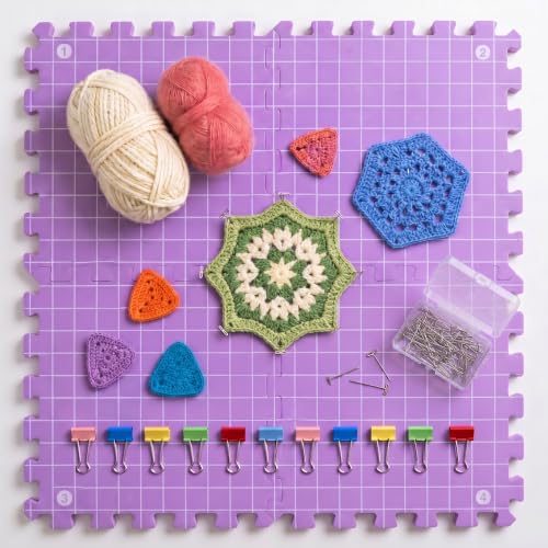 Blocking Mats for Knitting & Crochet Projects, for Knitting & Crochet Projects, Foam Board Design, Includes 50 T-Pins for Yarn Craft Blocking, (12” x 12” 4 Pack)