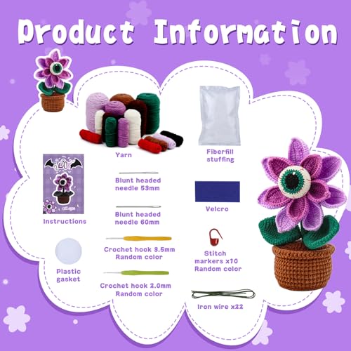 kgxulr Crochet Kit, Big-Eyed Beginner Crochet Kit for Adults, Knitting Kit | Crochet Kit for Beginners, Crochet Flower Kit, Beginner Crochet Kit for Adults with Step-by-Step Video Tutorials - color: Purple