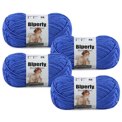 Skinny Chenille Yarn for Crocheting, #2 Blue Thin Baby Blanket Plush Yarn | 4 Pack of 158 Yds, 1.7 Oz Sport Fingering Weight Fine Yarn, Soft Fluffy Velvet Yarn for Crochet knitting Blankets, Amigurumi - color: Blue