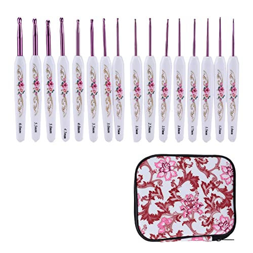 Crochet Hooks Needles,16 Pcs Cute Needles for Arthritic Hands,Extra Long Chinese Style Crochet Hook Set Flower Pattern Ergonomic Soft Grips Knitting Hook for Crochet Yarn Craft (Pink)
