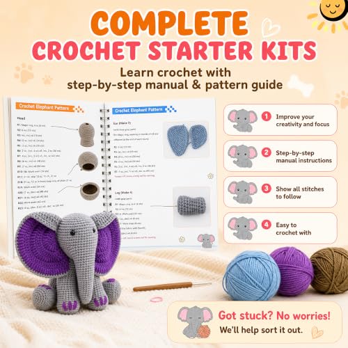 JYZJDKE Crochet Kit for Beginners Adults - DIY Amigurumi Elephant Knitting Starter Kit with Yarn Sets, Crochet Animal Kit Cute Stuffed Animal Craft Birthday Gifts (Grey Purple+Coffee Blue Elephant) - color: Grey/Purple+Coffee/Blue Elephant