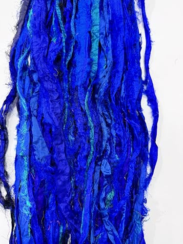 Maker's Craft Recycled Fuzzy Fringes Sari Silk Ribbon Yarn 35yards, 100Grams for DIY Knitting Crocheting Gift Wrapping, Christmas Decoration, Macrame Makers, Jewelry Making, Rugs Hooking (Indigo) - color: Indigo