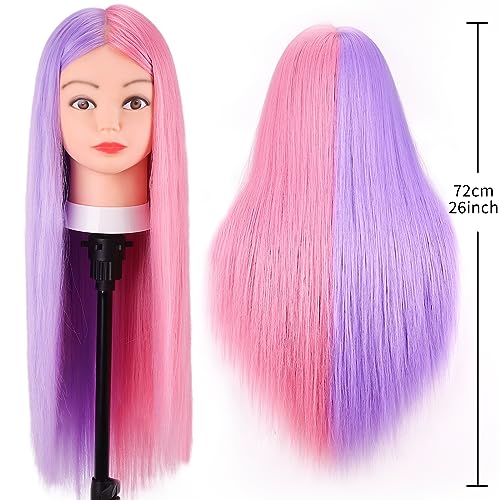MYSWEETY Mannequin Head with Hair, Doll Head for Hair Styling, 26" Manikin head with 70% Real Human Hair Cosmetology Makeup Hairdressing Training Head with Clamp Holder and Tools - color: Purple & Pink