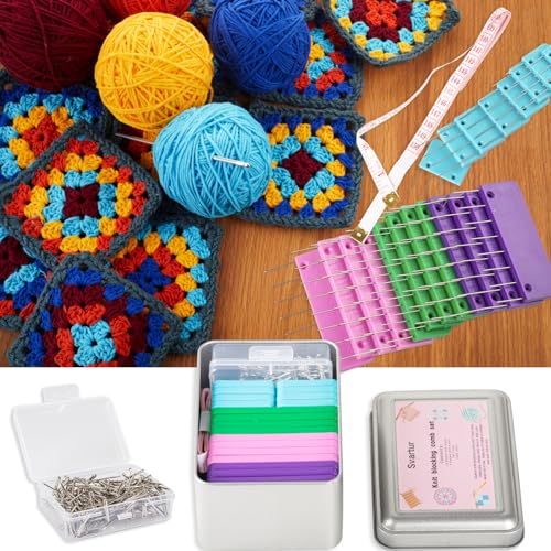Crochet Blocking Pin Kit, with 20 Knit Blocking Combs &100 T-Pins and Tin Case, Rainbow Knitting Block Pins for Blocking Mats, Multicolor, White - size: Multicolor, 1 Pack