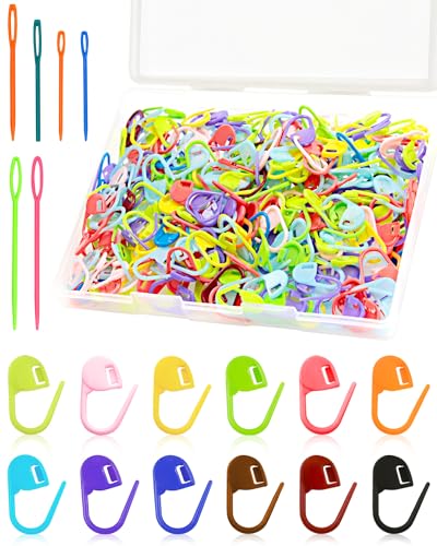 FIVEIZERO 300pcs Stitch Markers for Crocheting & 6pcs Blunt Sewing Needles | Mix Random Color Knitting Markers;Reusable Bulk Plastic Crochet Hook Clip for Knitting,Weaving,Crocheting,Art,Craft Projects