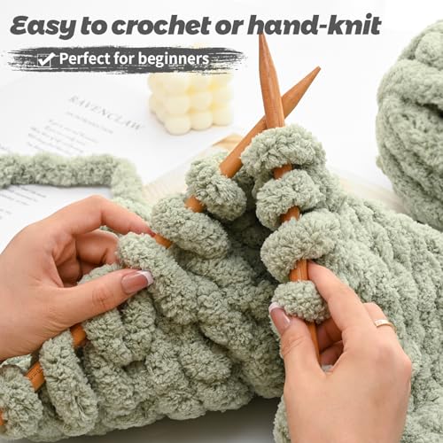 Chunky Jumbo Chenille Yarn #10 Sage Green 10 Pack | 200g/22yds Super Bulky Baby Soft Yarn for Hand Knitting Fluffy Chunky Knit Throw Blanket Yarn - color: Sage Green