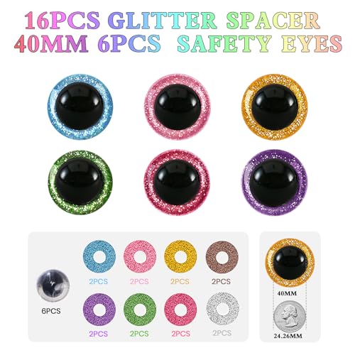 MUCUNNIA 6pcs 40mm Safety Eyes for Amigurumi Glitter Plastic Safety Eyes for Crochet with Washers Craft Crochet Eyes Doll Eyes for Crochet Animals Plush Stuffed Animals DIY Christmas Decorations - size: 40mm