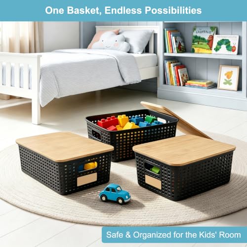 Bagnizer Small Plastic Storage Bins with Bamboo Lids 5.2qt Stackable Box Basket Pantry Decorative Containers Cute with Lable for Organizing Desktop Closet Office Black of 6 packs 10 * 7.2 * 4.1" - color: Black, size: Small- 6 Pack