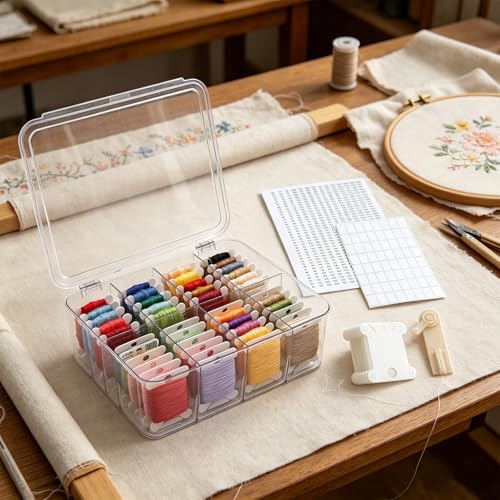 Embroidery Floss Organizer, 8 Compartments Acrylic Clear Thread Storage Box with Floss Winder, Includes 100 Plastic Bobbins for Cross Stitch Needlepoint Craft