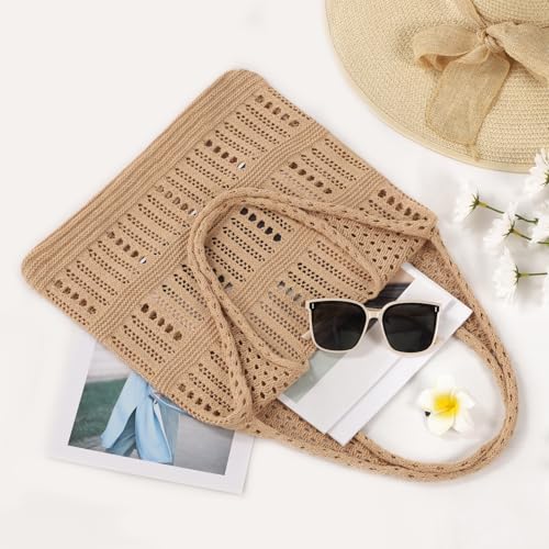 WantGor Crochet Bags, Beach Mesh Tote Bag Womens Shoulder Shopping Handbag | Casual Travel Totes Bag Foldable Hobo Bags - color: Brownish Yellow