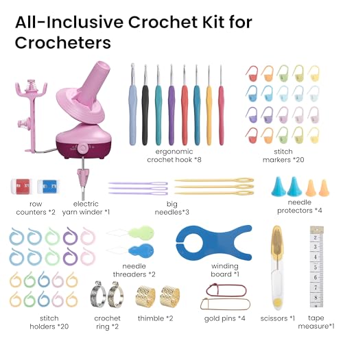 Etcokei Electric Yarn Winder Crochet Tool Kit with 8pcs Hook for Beginners | Automatic Yarn Cake Winder with 20pcs Stitch Makers, 20pcs Stitch Holders, 2pcs Crochet Ring and Other Crochet Accessories - color: Crochet Tool Kit
