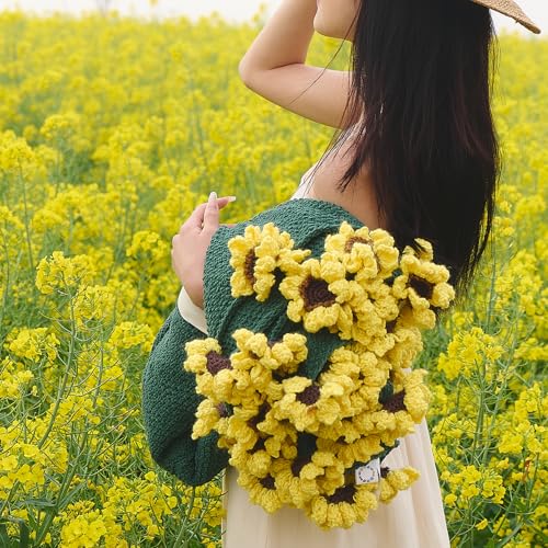 vctops Flower Bouquet Knitted Throw Blanket, Cute Sunflower Bouquets Handmade Crochet Round Blankets, Sunflowers Soft Throws Gifts for Girls, Women, Wife (Sunflower,Diameter 59") - color: Sunflower, size: Adult,Diameter 59"