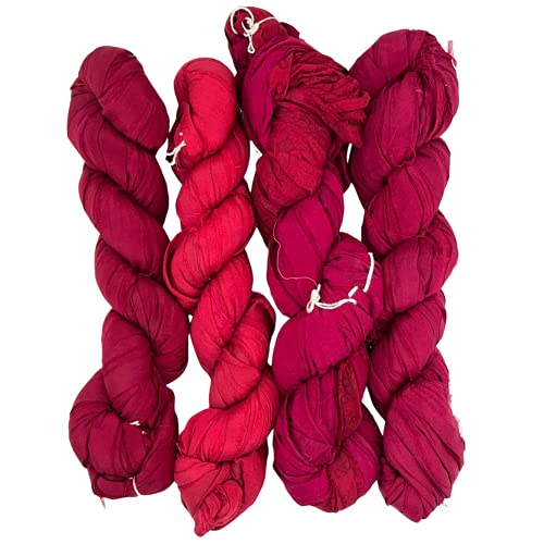 100% Recycled Saree (Sari) Silk Ribbon Yarn - Bulky Weight - 50 Yards per 100 Grams | Knitting & Crocheting | Jewelry Making, Gift Wrapping and Weaving (Maroon & Reds Mix) - color: Pink Pather