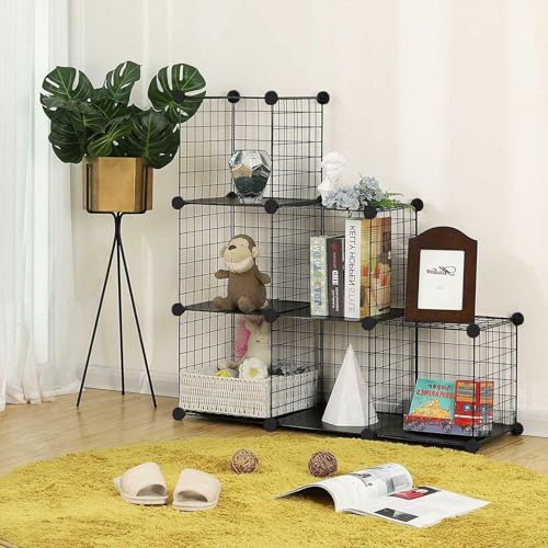 Wire Cube Storage Organizer, Metal Storage Shelves Bookshelf, Stackable Modular Closet Organizer for Bedroom Living Room, Office,Storage Shelves（6-Cube，Black） - color: Black Plus Iron, size: 6 Cubes