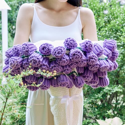 vctops Flower Bouquet Knitted Throw Blanket, Cute Roses Bouquets Handmade Crochet Round Blankets, Purple Roses Soft Throws Gifts for Girls, Women, Wife (Purple,Diameter 59") - color: Purple, size: Adult,Diameter 59"