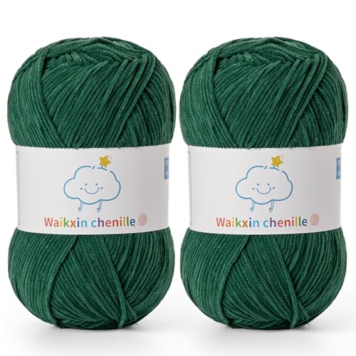Fluffy Chenille Yarn for Crocheting，Baby Yarn for Crocheting Soft，2 Pack of 100g/3.5oz Velvet Amigurumi Yarn ，Fingering Weight Yarns for Crocheting Baby Blankets、DIY Craft.(2 Dark Green) - color: [2 Dark Green]