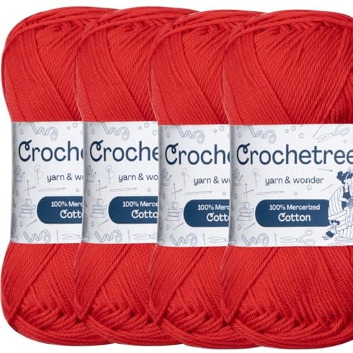 Mercerized Cotton Yarn – Fingering Weight 4-Ply, Each 1.76 oz (50g) / 136 yds (125 m), High-Gloss, Anti-Splitting, Fade-Resistant for Crochet & Knitting, Carmine Red (Pack of 4) - color: Carmine Red