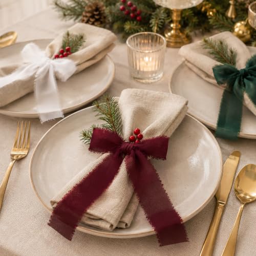 DORIS HOME Handmade Fringe Chiffon Ribbon 1" x 21Yd Green & Burgundy | Fabric Ribbon, For Flower Bouquet/Gift Wrapping/Wedding Invitations/Christmas Decorations/Party Decor - color: Dark Green/White/Burgundy