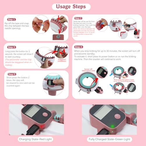 Rechargeable Knitting Machine Counter, Row Counter for Knitting Machine, Removable Magnetic Suitable for 32/40/48 Needle Row Digital Counter (Pink-1PCS)
