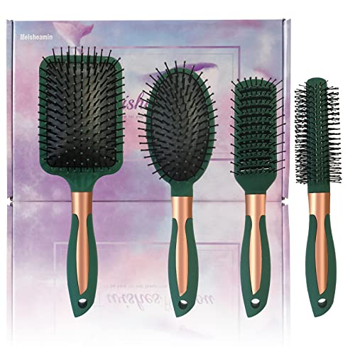 4 Pcs Hair Brush Set,Anti Static Massage Oval Comb,Detangling Brush Round Hair Brush Vent Hair Brush,Flexible Soft Pin Bristles for Long Thick Curly Wavy Dry Damaged Hair - color: Blackish Green