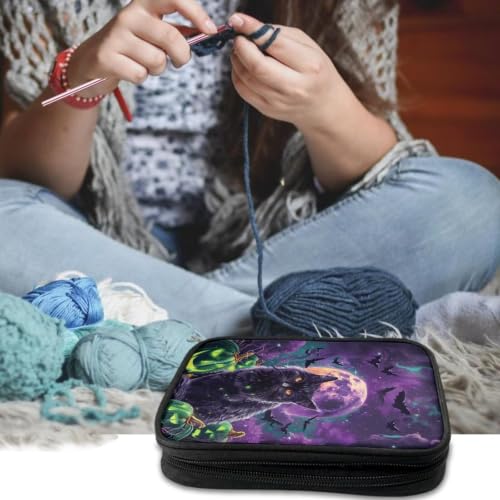 Vanideaoty Black Cat Crochet Hook Case Halloween Crochet Hook Organizer | Portable, without Accessories, Knitting Needle Case for Knitting Supplies Halloween Decoration - color: Black Cat Moon