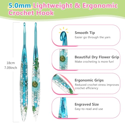Katech 5.0mm Crochet Hook for Arthritic Hands, Long Aluminum Inline Hooks | Ergonomic Crochet Hooks with Dried Floral Grip-Elegant & Unique, Smooth Crochet Needle-Crochet Gift for Beginner&Crocheter - size: 5.0mm