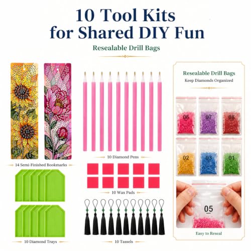 14 PC Diamond Art Flower Bookmark for Adults Gem Bling Bedazzling Kit Women | Bead Art Leather Book Mark Christmas Craft Making Kit Rhinestone Pearl Art DIY Paint by Dots Book Lover Gift - color: Flowers