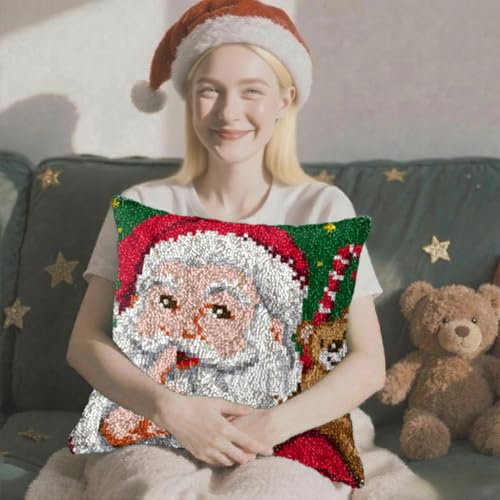 Howie's Latch Hook Kit, DIY Santa Clau Pillow Crochet Yarn Kits for Adults, Color Preprinted Pattern Embroidery Sofa Cushion Cover (Christmas-Santa Claus 3, 16.93 x 16.93 inch) - color: Christmas-Santa Claus 3