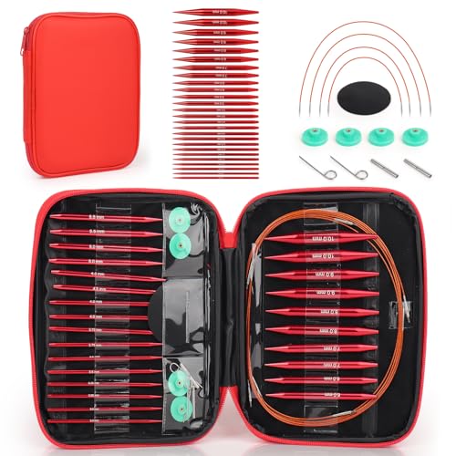 Interchangeable Circular Knitting Needles Set, 13 Pairs (26pcs) Glossy Red Aluminum Knitting Needles Kit, Sizes 3.0mm–10.0mm, Knitting Needle Case & Accessories for Knitting Beginners & Advanced - color: Glossy Red