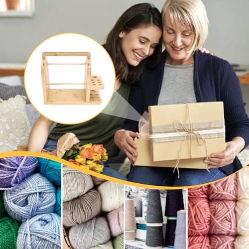 Yarn Holder for Crocheting and Knitting, Bamboo Wooden Yarn Spinner Storage Organizer with Built-in Phone Stand, Tangle-Free Dual Rods and Crocheting Tool Holder, Works with Skein,Cake,Ball