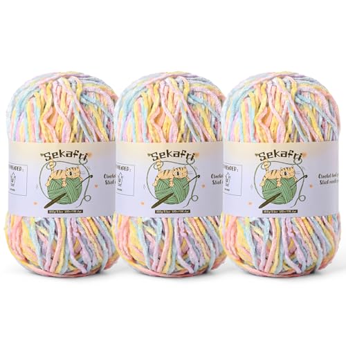 3 Pack of 300g (590yds) Fuzzy Chenille Yarn for Crocheting,Fluffy Amigurumi Crochet Yarn for DIY Craft/Hat/Clothes, Soft Velvet Baby Blanket Yarns (3 Macaron) - color: 3 Macaron