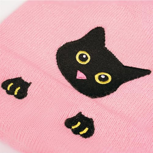 Personality Animal Head Embroidery Knit Beanie Hat for Adult and Big Kids Winter Warm Skull Cuffed Hats - color: Cat-pink