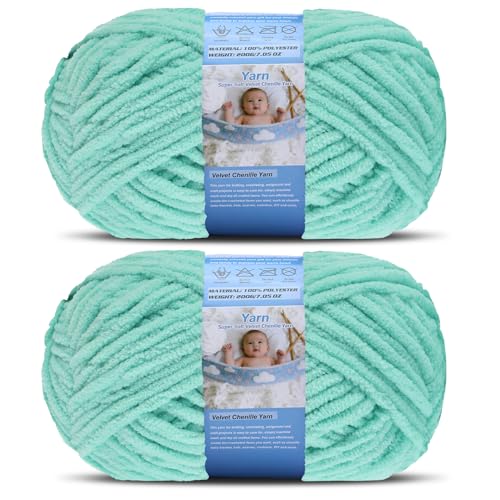 Super Bulky Blanket Yarn for Crocheting - 2 Pack of 200g/7.05oz 174yd/160m Super Soft Chenille Plush Yarn - Bulk Thick Yarns Used for Making Scarves, Baby Blanket, DIY Craft (2, Cyan Green) - color: Cyan Green