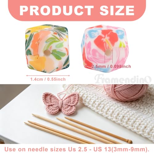 Framendino, 20 Pack Hexagon Knitting Needle Stoppers Flower Print Stitch Stopper Silicone Needles Tip Point Protector Cap for Knitted Supplies