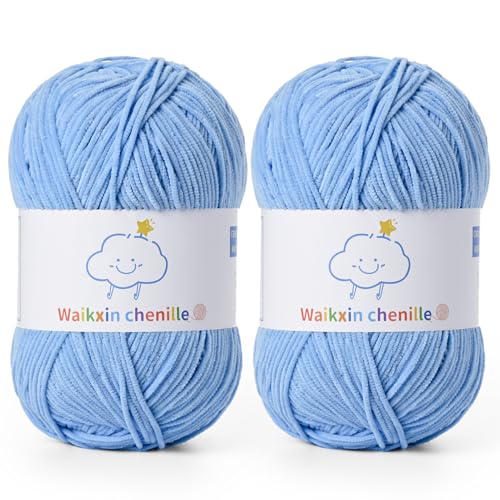 Fluffy Chenille Yarn for Crocheting，Baby Yarn for Crocheting Soft，2 Pack of 100g/3.5oz Velvet Amigurumi Yarn ，Fingering Weight Yarns for Crocheting Baby Blankets、DIY Craft.(2 Azure) - color: [2 Azure]