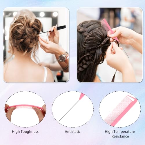Uiifan 90 Pcs Hair Rat Tail Combs Metal Long Steel Pin Parting Comb Carbon Fiber Teasing Detangling Fine Tooth Comb for Braids Women Men Salon Hair Stylist, Black, Purple and Pink