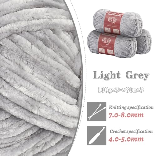 LUNARM Chenille Yarn 3 Pack 3.5oz Chunky Blanket Velvet Yarn 263 Yard | Light Grey Chunky Chenille Yarn for Beginners Crocheting Hand Knitting Scarves with Big Eye Needles Machine Washable - color: Light Grey
