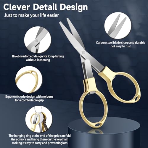 3 Pcs Folding Stainless Steel Mini Badge Scissors with 3 Keychains | Safety Foldable Pocket Travel Small Scissors All Purpose for Nurse Accessories, Travel, Office, Craft, Sewing, Home (Gold) - color: Gold