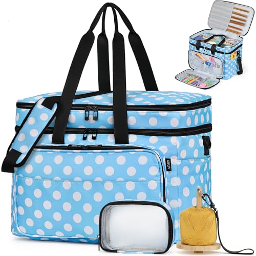 Crochet Organizer Bag with Yarn Holder, Large Yarn Storage for Accessories | 3PCS Crochet Knitting Bag with Accessory Pouch for Hooks, Needles, Travel Tote, Crochet Lovers, Gift for Crafters, No-Tangle - color: Polka Dots
