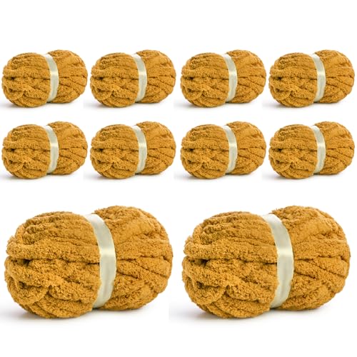 Chunky Jumbo Chenille Yarn #10 Turmeric 10 Pack | 200g/22yds Super Bulky Baby Soft Yarn for Hand Knitting Fluffy Chunky Knit Throw Blanket Yarn - color: Turmeric