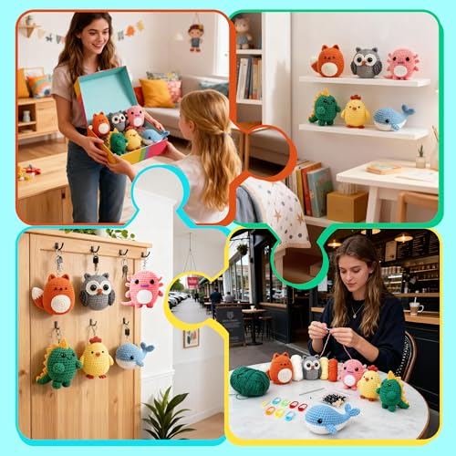 Joyclub Crochet Kit for Beginners 6 Animal Family with Video for Adults | Amigurumi animal with step-by-step video and 40% extra yarn for first projects crochet starter; DIY gifts for adult crafters - color: Colorful Animal