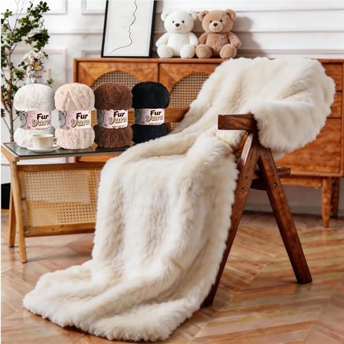 3 Skeins Faux Fur Yarn Soft Fluffy for Crocheting - Chunky Fuzzy Yarn for Crochet Amigurumi, Blankets, Scarves and Sweaters - Each 3.5 oz/100 g, 71 yds/65 m (3, Beige) - color: Beige