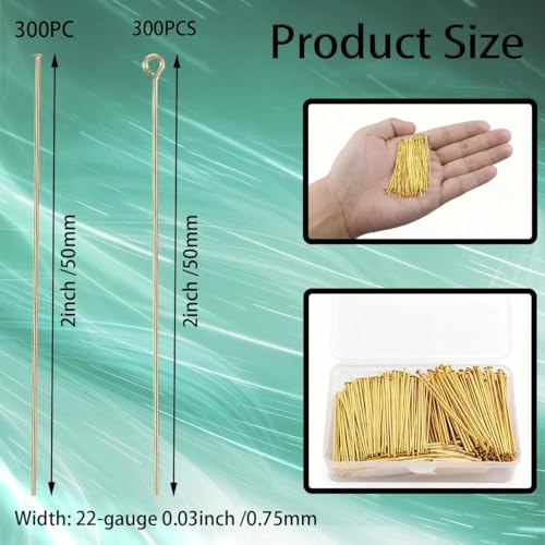 600Pcs 2 Inch Flat Head Pins Eye Pins Jewelry Pins Metal End Headpins for Craft Earring Bracelet Necklace Pendant Supplies(Gold) - color: Gold, size: 2 Inch (Flat Head + Eye)