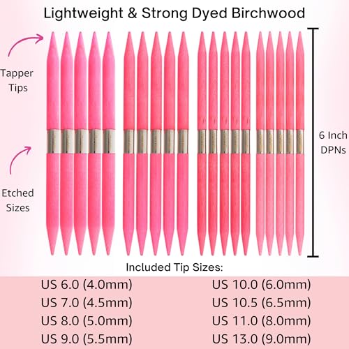 Lykke Blush Large 6-inch DPN Knitting Needles Set | Large US 6, 7, 8, 9, 10, 10.5, 11, 13 Fuchsia Case, Birchwood Semi-Sharp Tips, Project Bag - color: Blush-with-Fuchsia-Case