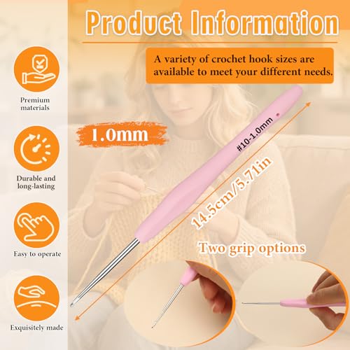 SHWAKK Small Crochet Hook, 1.0 mm Lace Ergonomic Crochet Hook | Tiny Crochet Needles for Arthritic Hands, Knitting Needles with Soft Handle Beginners and Experienced Hobbyists - size: 1.0mm