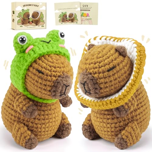 2PCS Capybara Crochet Kit for Beginners Starters Crocheting Kit for Adults | 2PCS Capybara with Frog and Bread Hats Crochet Animal Kit with Step-by-Step Video Tutorials, Animal Knitting Kit for Birthday - color: Brown Capybara Hats