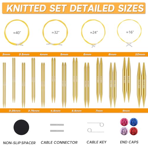 Stithoo Interchangeable Circular Knitting Needles Set, 13 Pairs (3mm-10mm) US 2.5-15 with 16, 24, 32, 40 Inch Cables, Accessories and Case for Knitting Hats, Sweaters, Shawls, Blankets