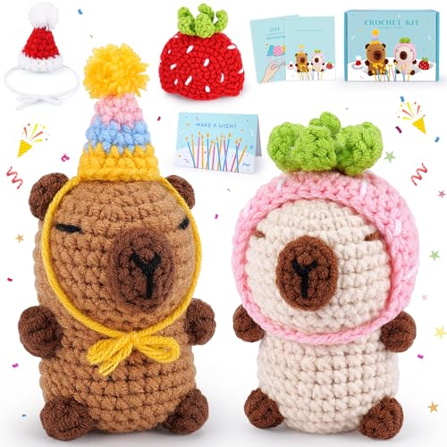 2PCS Capybara Crochet Kit for Beginners Crochet Starter Kit for Adults | Brown and Beige Capybara Knitting Kit with Step-by-Step Video Tutorials, Capybara Party Crocheting Kit for Birthday - color: Brown Beige Capybara