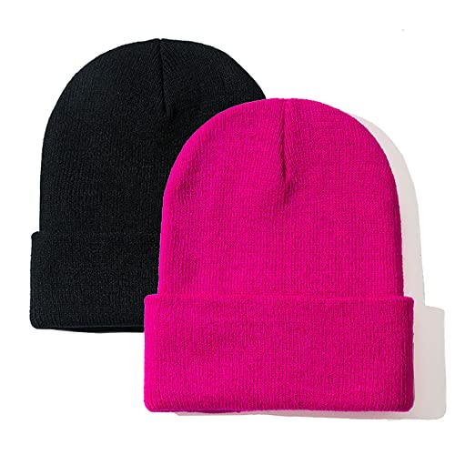 NPJY Unisex Beanie for Men and Women Knit Hat Winter Beanies | Warm-Keep & All-Size, Comfortable & Durable, Soft for Winter Weather - color: Black+rosered